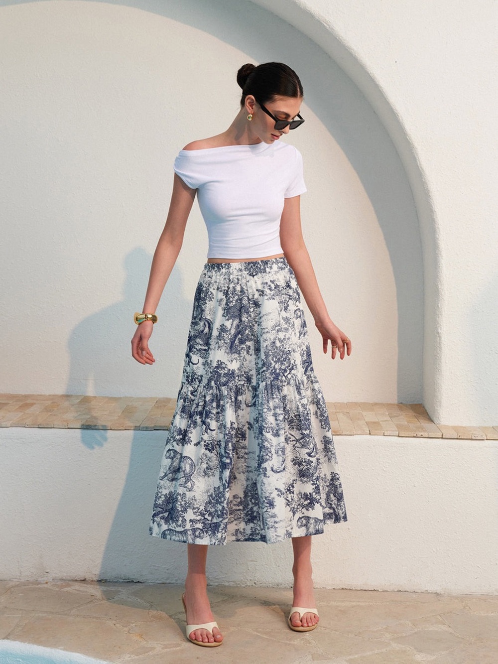 Commense Floral Print Ruffled Midi Skirt
